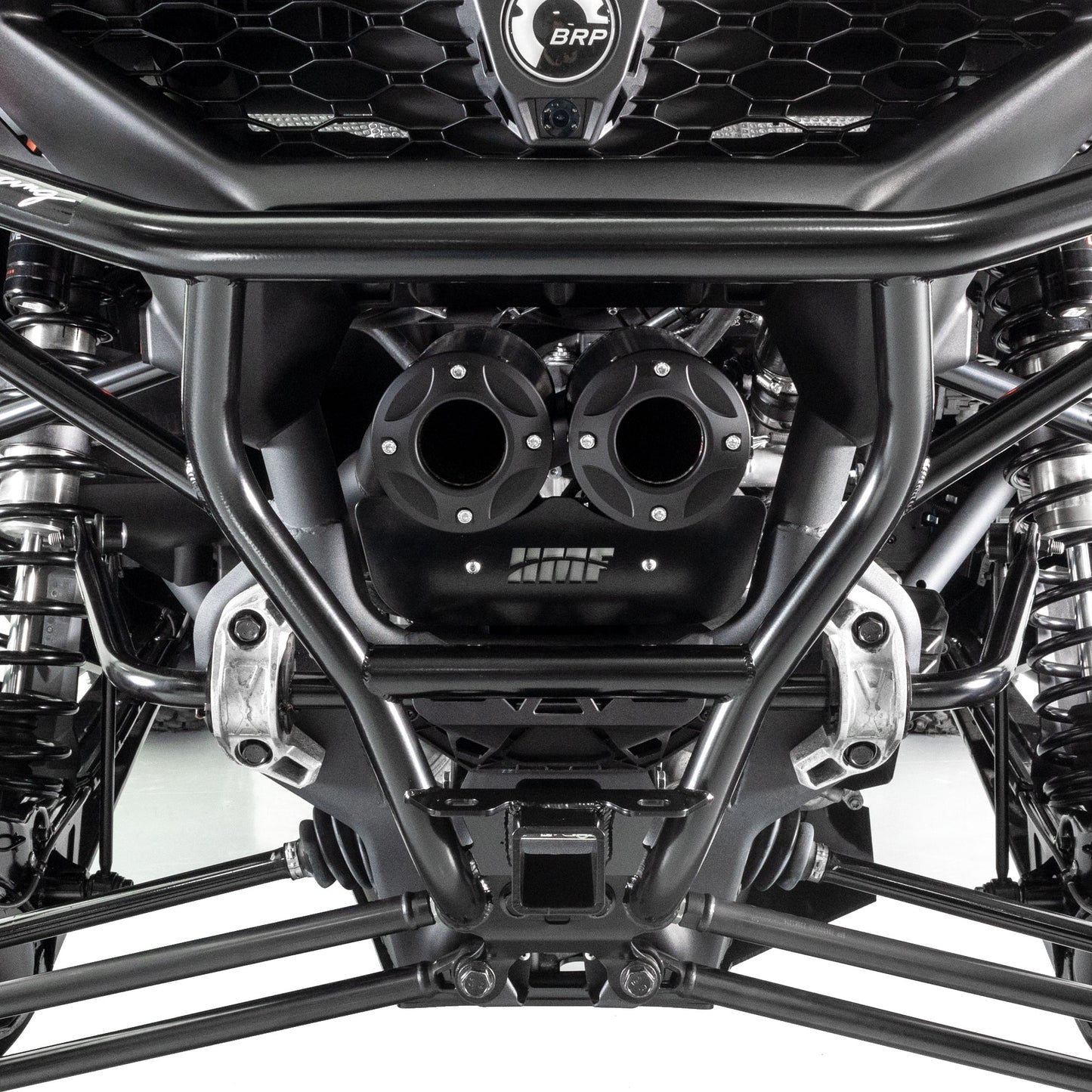HMF Racing Titan SS Big Core Dual Turbo-Back Exhaust for Can-Am Maverick R, Black Cerakote with Billet Blackout end caps, photo 3