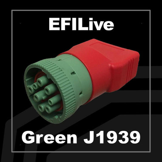 Green J1939 Male to OBDII Female Adapter.